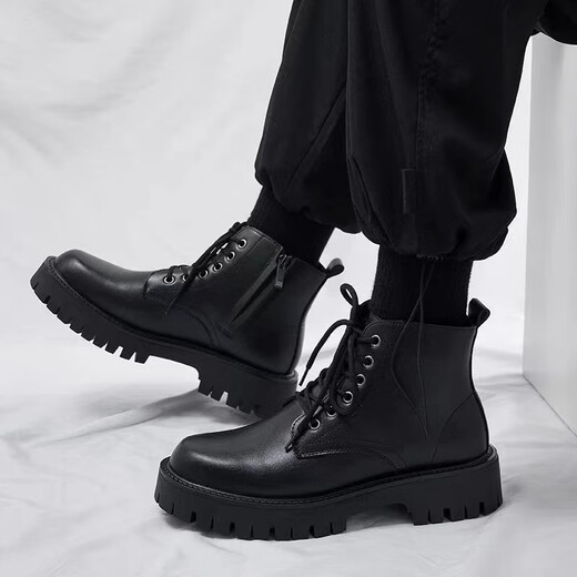 Yushang Zhenpin Martin Boots men's spring high-top British style casual leather shoes work shoes retro thick-soled short boots outdoor work boots black-41