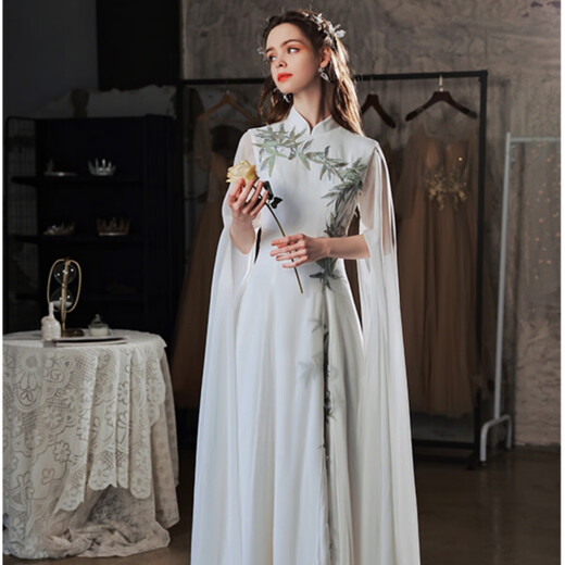 Li Baixin white chorus clothing Chinese guzheng performance clothing stage performance catwalk art test host student evening dress cheongsam white M recommended 90-100Jin Jin equals 0.5 kg