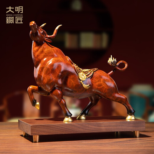 大明铜匠铜摆件金钱牛装饰办公室招财酒柜高档乔迁之喜搬家开业礼物工艺品 新款大号金钱牛30*10*22cm