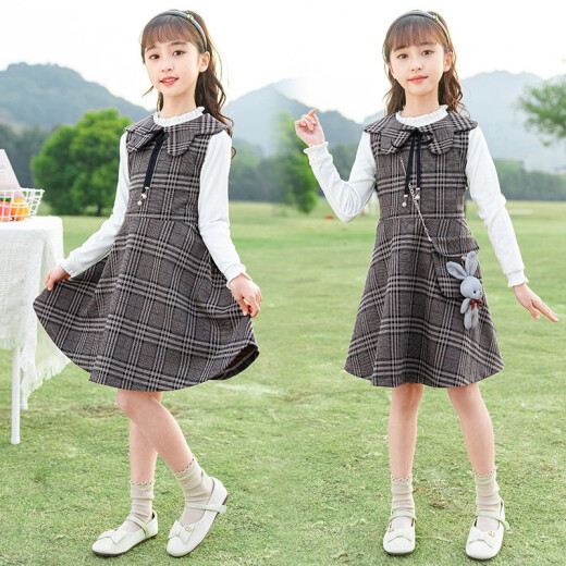 Zemeiyi Children's Clothes Girls Dress Children's Skirt 2021 Spring New Spring and Autumn Clothes for Big Children Girls Dresses Korean Version Sweet and Fashionable Lace Collar Plaid Princess Dress Picture Color 140 (Recommended 126-135cm)