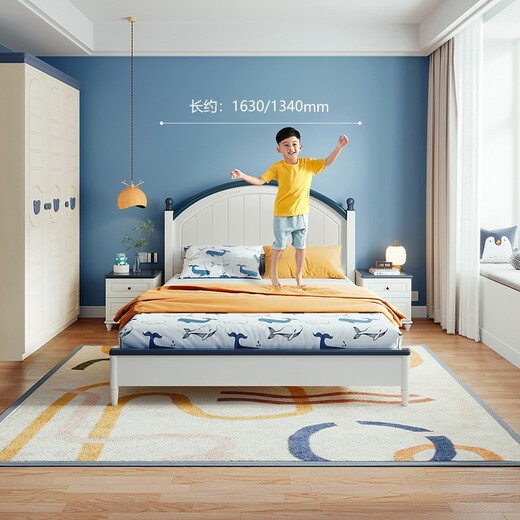 Quanyou Home Simple Children's Room Bed Boy Solid Wood Feet Student Single Bed Second Bedroom Teenager 1.5x2 Meter Bed Furniture Blue and White | 1.5m Children's Bed + Mattress
