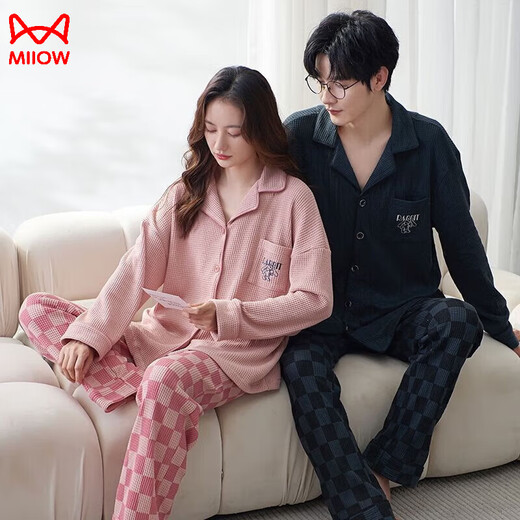 MiiOW Primavera y Otoño Pijamas para Parejas Cárdigan Coreano de Manga Larga Conjunto de Dos Piezas para un Hombre y una Mujer Las Parejas Pueden Usar Ropa Exterior para el hogar Cárdigan de Otoño C9854 M Mujer M + Hombre L