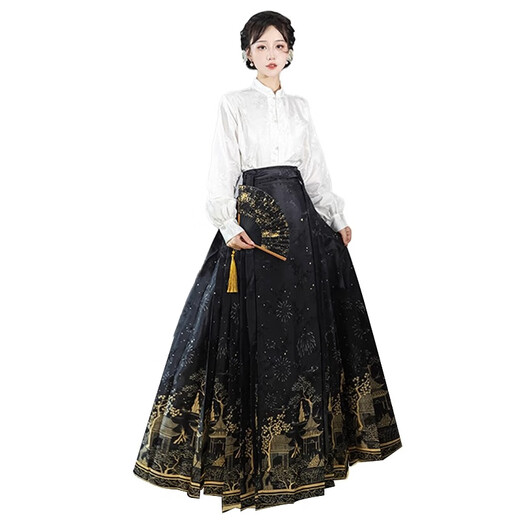 Yishangmei Horse Face Rock Frauen voller neuer chinesischer Hanfu-Frauenkleid für Erwachsene kleiner Sommer 2025 Neues chinesisches Stil Kleid schwarz [Goldener Pferdsgesichtsrock + weiße Top] l [geeignet für 115-130jin [Jin gleich 0,5 kg]]]