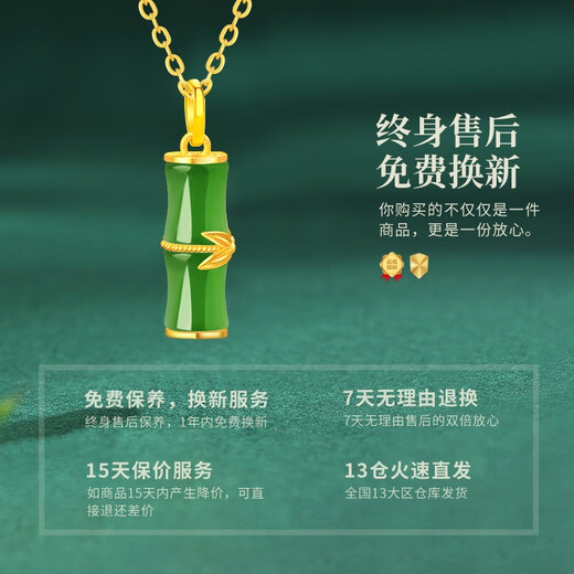 CHINA GOLD Bamboo Gold Necklace Women's Pure Gold Hetian Jade Pendant Birthday Gift for Girlfriend and Wife Practical Wedding Anniversary Gift Jingsuda Pure Gold Jasper Pendant + Pure Gold Chain