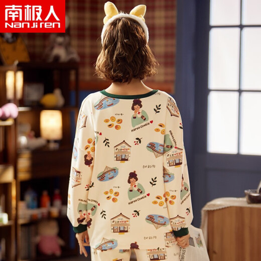 Nanjiren Fun Printed Women's Pajamas Women's Spring and Autumn Pure Cotton Round Neck Pullover Long Sleeve Women's Home Clothes Women's Casual Loose Wearable Pajamas and Pajamas Set L