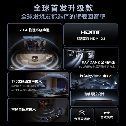 TCL Echo Wall Q85H Pro 7.1.4 Physical Surround Channel Omnidirectional Arc HDMI2.1 T-Chord Dolby Atmos DTS:X Subwoofer Bluetooth Smart Speaker
