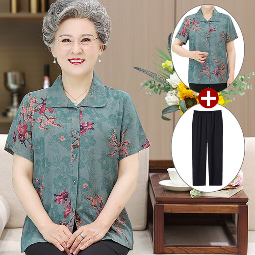 
Langshilan middle-aged and elderly summer clothing female grandma suit mother short-sleeved T-shirt top 60-70 years old two-piece set of elderly clothes 983 green (single piece) L (recommended 70-85 Jin [Jin equals 0.5 kg])