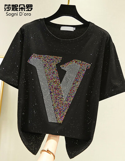 Shanidoluo Gran tamaño Fat Sister Clothing Nuevo producto Producto Fat Pertane Mirando Camiseta de tapa de diamante de hierro Camiseta 16817 Negro-Preesación de 3 días Envío 2xl Recomendado 140-160Jin [Jin equivale a 0.5 kg] para usar