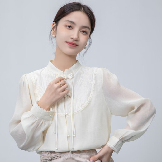 La Chapelle New Chinese Shirt Women's 2024 Spring and Summer New Heavy Industry Embroidered Stand Collar Top Spring and Summer Women's Versatile Long-Sleeved Shirt Apricot S