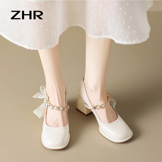 ZHR Mary Jane shoes for women's temperament, shallow mouth thick high heels, elegant square toe women's shoes BL170 beige white 37