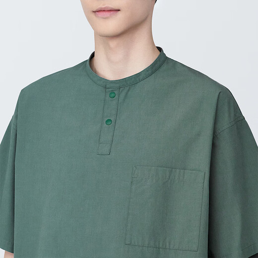 MUJI Men's Cool Henley Collar Short Sleeve T-Shirt Men's Bottoming Shirt Men's Top AC1W6C4S Smoked Green M (170/92A)