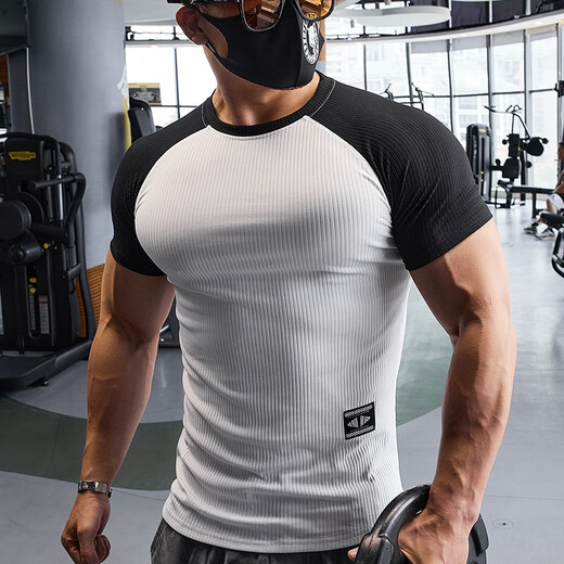 Lutielang sports tights men's quick-drying short-sleeved T-shirt running fitness clothes handsome muscle training elastic breathable autumn white L