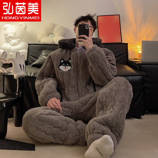弘茵美男士睡衣加绒加厚秋冬季保暖珊瑚绒青少年三层夹棉冬天连帽家居服 KYX-B9930哈士奇（三层夹棉） XL (高170-175 125-150斤)