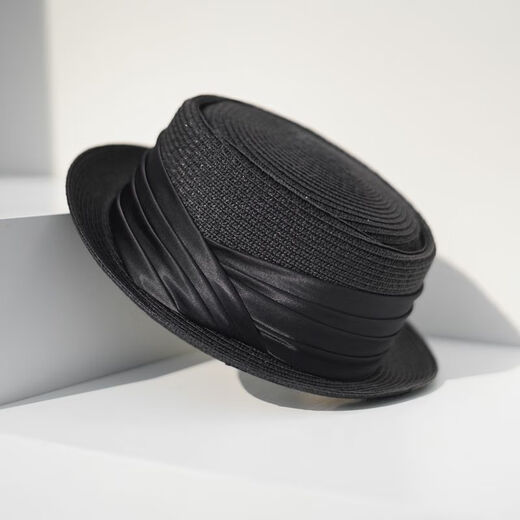 Gongbaicao elegant top hat French flat top hat spring and summer concave top rolled straw hat women's sun hat black hat 55-58cm adjustable