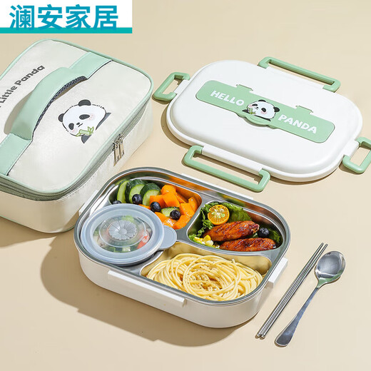 Jiaxun Pigeon Cartoon Elementary School Lunch Box for Girls in Grades 4-6, Panda (Medium Size 4 Compartments) + Chopsticks and Spoon + Soup Bowl + Insulated Bag