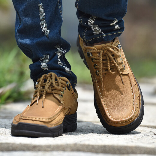 狄德拉 头层牛皮大码45 46登山鞋运动休闲鞋子男百搭春季男士皮鞋 卡其6198【磨砂皮】 39 (245mm)