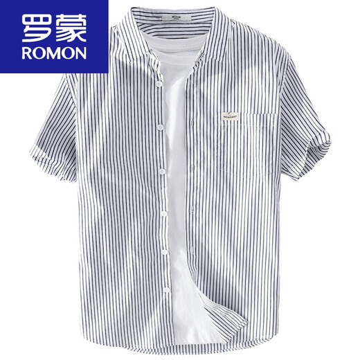 罗蒙（ROMON）男士条纹短袖衬衫日系宽松薄款上衣夏季休闲衣服潮流百搭衬衣 9738款 浅蓝条纹 L 110斤左右