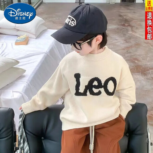 迪士尼（Disney）儿童毛衣韩版男童上衣百搭宝宝针织衫女童套头圆领毛线衣潮流外套 黑色加绒加厚一体绒【男女提花LE 130