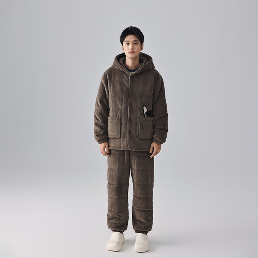Kissing Cat Hooded Island Velvet Quilted Couple Pajamas Women's Winter Suit Three Layers Thickened Men's Home Clothes Outerwear 7032 Tea Brown Men L