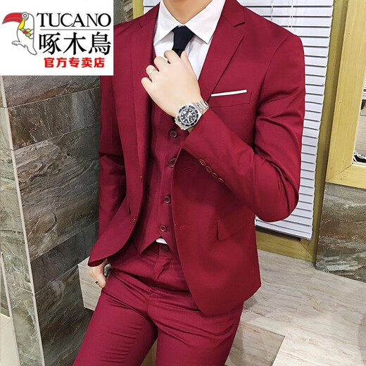 Woodpecker suit men's three-piece suit four seasons Korean version slim small suit professional formal groomsman groom wedding dress black suit + trousers + shirt XL 120-130Jin Jin equals 0.5 kg