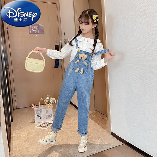 Disney (Disney) Girls Spring and Autumn Bear Denim overalls Internet celebrity fashion medium and large children's autumn casual suspenders children's pants trendy blue single piece trousers size 140 recommended height 130-140cm