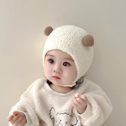U/MUDI baby hats for autumn and winter, 0-3 years old, cute and super warm, male and female babies, ear protection plush pullover hat 2, small ball head hat, beige, head circumference 44-50cm (recommended for 0-3 years old)