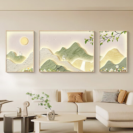 北欧日照金山客厅装饰画奶油风高级感风景山水画沙发背景墙挂画 K12529 左右40*60中80*60晶瓷金属