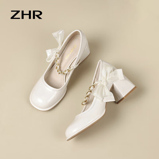 ZHR Mary Jane shoes for women's temperament, shallow mouth thick high heels, elegant square toe women's shoes BL170 beige white 37