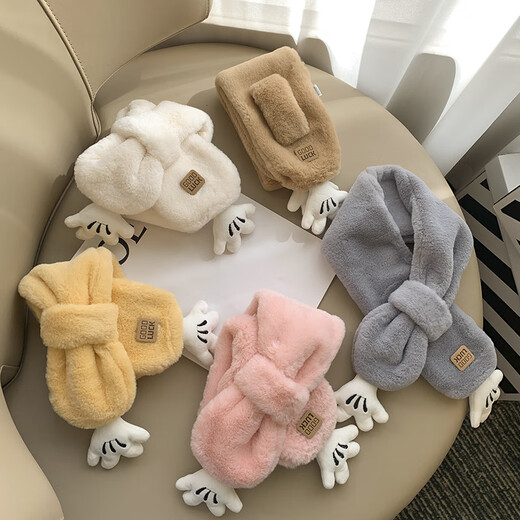 Ribol cartoon cute imitation rabbit fur children's scarf for men and women winter thickened plush scarf baby cross neck gaiter collar white