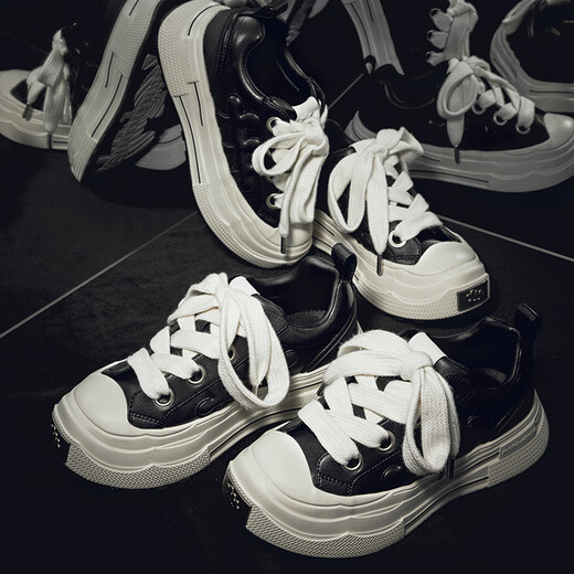 SHOOT BRAND Reprise Black Plum Sneakers for Men and Women Thick-soled Heightened Retro Leather Bread Shoes Plum Blossom Shoes Autumn and Winter Black 37