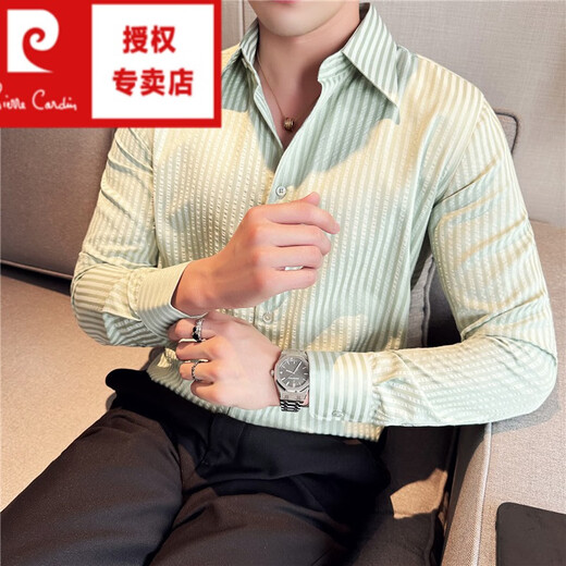 Pierre Cardin (Pierre Cardin) French large collar striped shirt men's long-sleeved autumn high-end casual versatile handsome style seersucker slim shirt blue 2XL (150-160Jin Jin equals 0.5 kg)