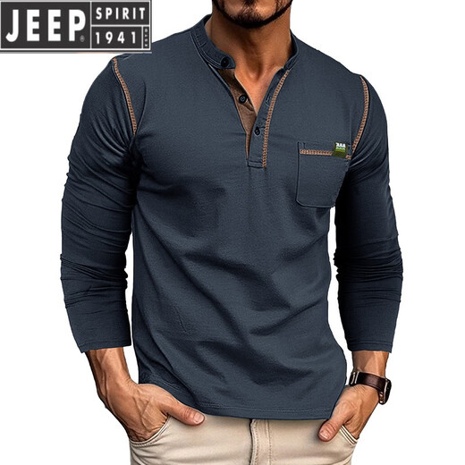 JEEP SPIRIT Henley long-sleeved T-shirt men's 2025 new American retro heavyweight men's seamless barrel knitted Henley collar bottoming shirt royal blue L US