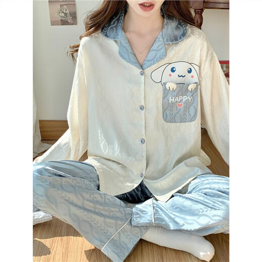Huilie Pacha dog pajamas for women in spring and autumn ice silk long sleeve cardigan trousers new summer cool cute home clothing set Ice silk #B693 M[80-100Jin[Jin equals 0.5 kg]] All size