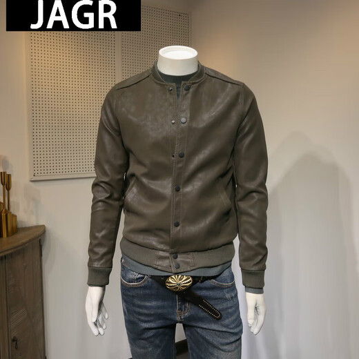JAGR trendy brand leather jacket men's casual imitation leather jacket top versatile trendy men's jacket gray green M