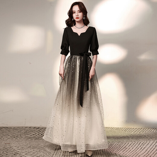 Li Baixin black evening dress French style for women to wear at ordinary times gradient starry sky long temperament choir banquet host black mid-length XXL