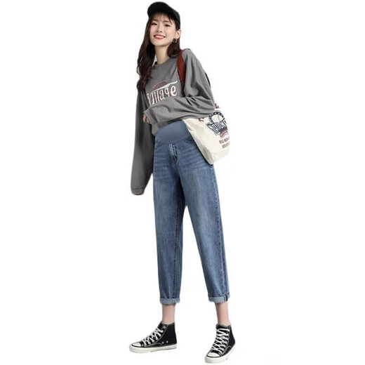 Mokpble-Jeans für schwangere Frauen im Frühjahr und Herbst lose geradlinige Vaterschaftsbasis neun-Punkte-Schwangerinnen mit kleinen Bauchunterstützung Dad Hosen außerhalb von Blau M schlägt 90-110jin auf [Jin ist 0,5 kg]