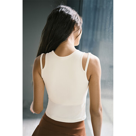 La Nikar Yoga Vest Women's Fake Two-piece Top with Padded Sports Bra Pilates Fitness Sleeveless-S1372 Cream Apricot L