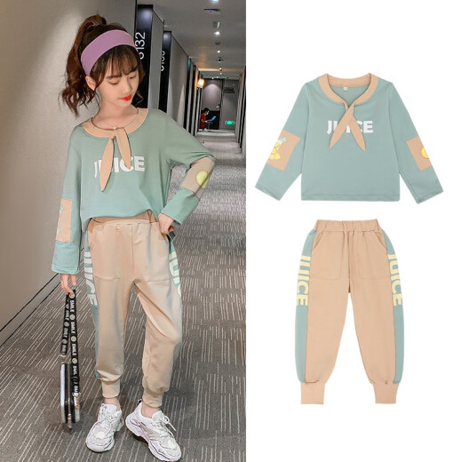 Xiao Lingtou children's clothing girls suit spring and autumn new children's suit medium and large children's Internet celebrity cartoon sweatshirt casual pants two-piece set little girl fashion spring sports clothes trendy green 150 yards (suitable for height around 145)