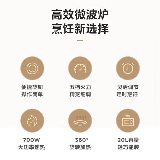 Midea household 20L turntable heating microwave oven with five levels of firepower, professional fireproof panel, knob control, easy-to-operate panel, uniform and rapid heating M20C