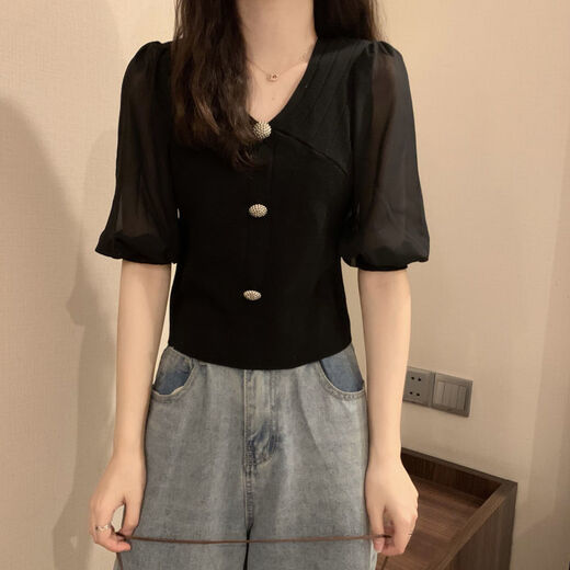 
Light and Red 2025 summer new ice silk chiffon spliced ​​V-neck short-sleeved sweater lady thin base shirt short top MCL 3523 white one size (70-125Jin [Jin equals 0.5 kg] can be worn)