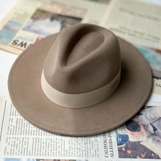 ALBINELE French new autumn and winter flat-brimmed woolen hat for men and women, fashionable wide brim black versatile European and American large head circumference camel mixed camel (fashionable) M size 54-57cm head circumference (regular) adjustable