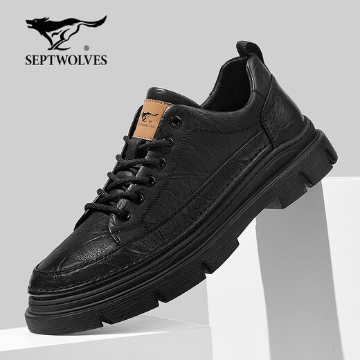 Septwolves men's shoes winter 2025 new business casual shoes men's thick-soled wear-resistant work shoes retro trendy casual leather shoes for men black 40