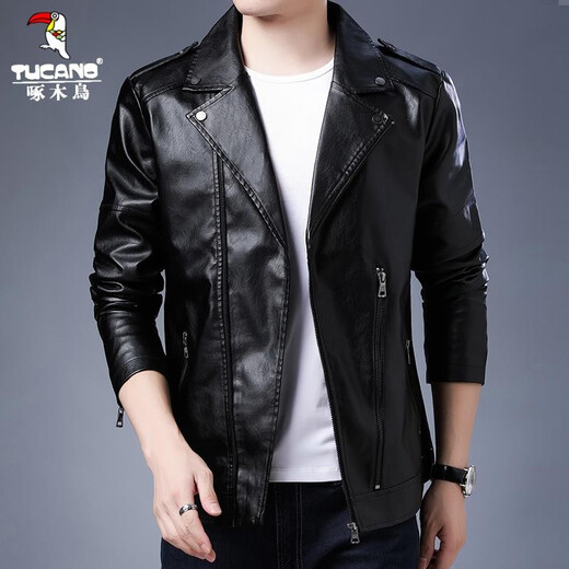 Woodpecker Leather Men's Jacket 2025 Autumn New Leather Jacket Men's Imitation Leather Jacket Business Slim Trendy Motorcycle Jacket Men Black XL