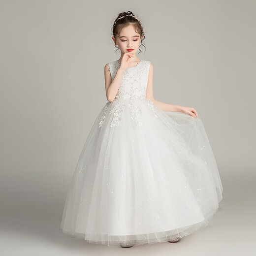 Dev Ake Kinderkleid Girl Prinzessin Rock Moderatorin High-End Piano Performance Evening Kleid Little Girl Hochzeit Sommer Big Boy BX683 Langhändler weiße 160 (Empfohlen 71-85 Jin [Jin gleich 0,5 kg])