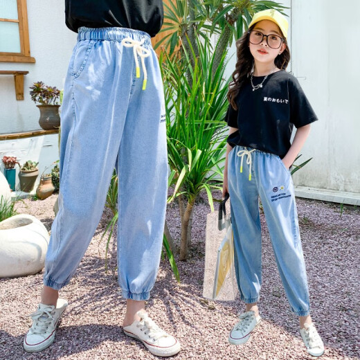 Girls' Pants Summer New Style Medium and Large Children's Casual Pants Children's Loose Summer Clothes Denim Leg Pants Sidiyu Children's Clothes Girls' Versatile Small Wrinkle Chrysanthemum Pants Blue 160 [Suitable for height 150-160 cm]