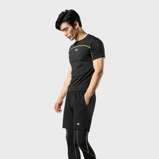 LATIT [JD.com's own brand] Sports Suit Men's Summer Fitness Wear Breathable and Sweat-Absorbent Short-Sleeved T-Shirt Shorts and Pants Three-piece Set NZ2020 - Black with Green Line - Short-Sleeved Three-piece Set - XL