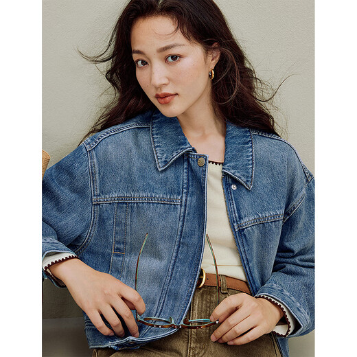 
Inman retro pure cotton wash short denim jacket 2025 autumn women's new casual and versatile loose top denim blue M