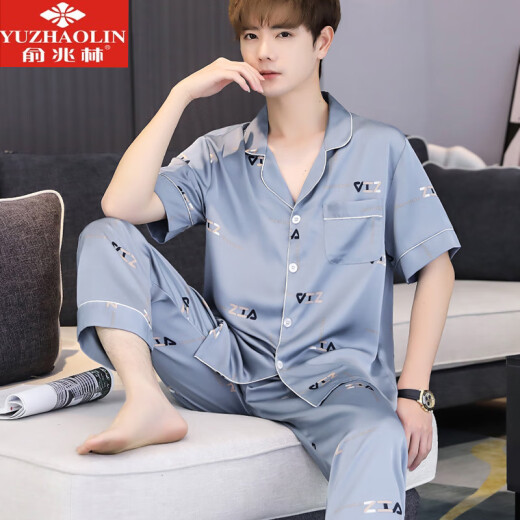 Yu Zhaolin men's pajamas men's summer simulated silk Korean version thin ice silk spring and autumn short-sleeved large size student pajamas home wear two-piece set gray and blue letters XL (120-140Jin [Jin equals 0.5 kg])