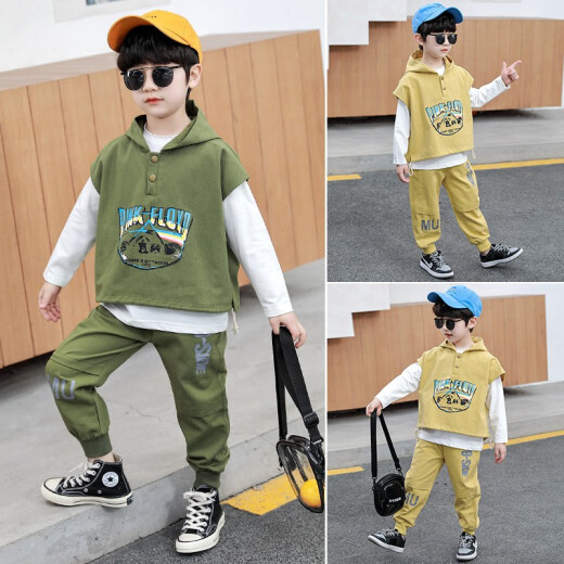 Youyou Bear Children's Clothing Boys Suit 2021 New Spring and Autumn Clothes Long-sleeved Sweatshirt Vest Suit 3-12 Years Old Three-piece Set Trendy Green 110