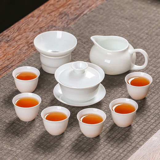 MULTIPOTENT China White Complete Kung Fu Tea Set Jade Porcelain Ultra-Thin Cover Bowl Set 10 Pieces (Anti-Breakage Packaging) YQ0055